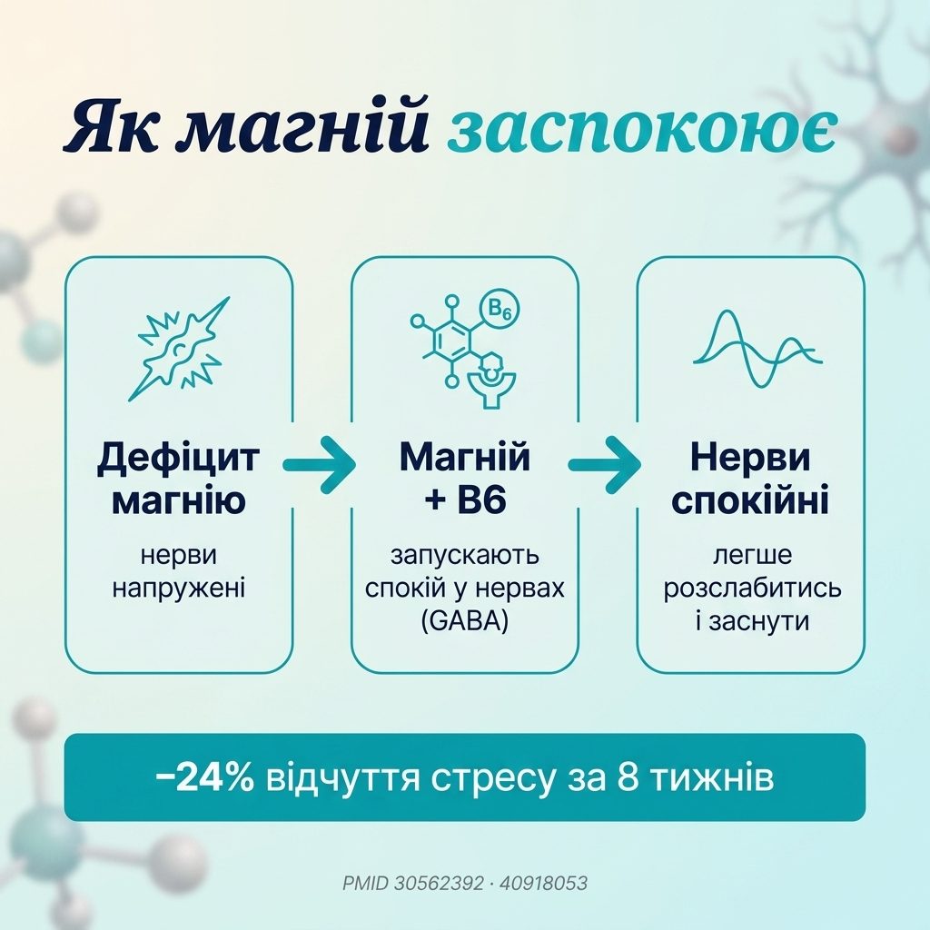 Инфографика четырёх механизмов формулы NATURALNEST: магний и GABA для нервов, B6 для синтеза нейромедиаторов, D3+K2 для костей, селен для клеточной защиты — ночно-фиолетовые тона