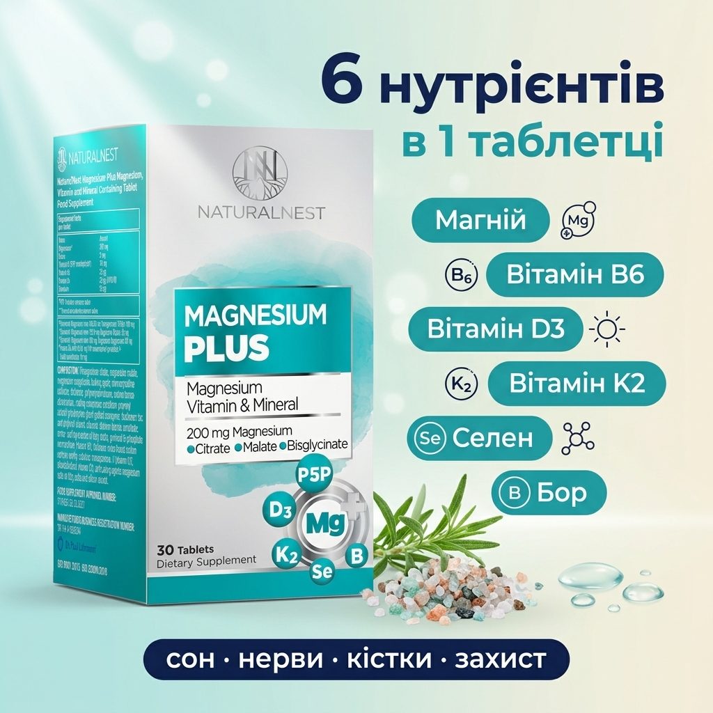 Таблетка NATURALNEST Магній 6-в-1 крупним планом поряд із шістьма символами компонентів — три форми магнію, D3, K2, B6, селен і бор — на спокійному нічно-фіолетовому фоні
