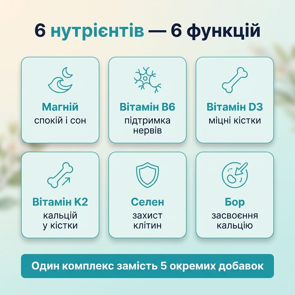 Упаковка NATURALNEST Магний 6-в-1 на ночном столике рядом с чашкой травяного чая в мягком вечернем свете — атмосфера спокойствия перед сном, ночно-фиолетовые тона