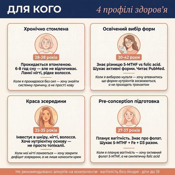 Для кого Vitanil's Women &mdash; 4 профілі: стомлена жінка, освічений вибір форм, краса, pre-conception