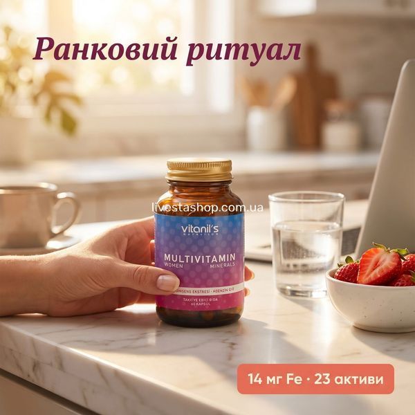 Жінка тримає Vitanil's Women Multivitamin 60 капс &mdash; ранковий ритуал з 23 активами та залізом
