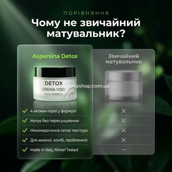 Матуючий крем Aspersina Detox проти звичайного матувальника &mdash; 4 активи, матує без пересушування, Made in Italy