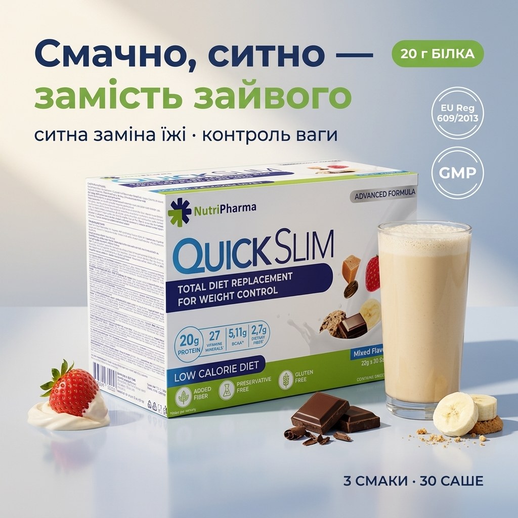 Коктейль Quick Slim «Микс вкусов» — три саше с разными вкусами (банан, шоколад, клубника) рядом с шейкером и стаканом молока на светлом столе