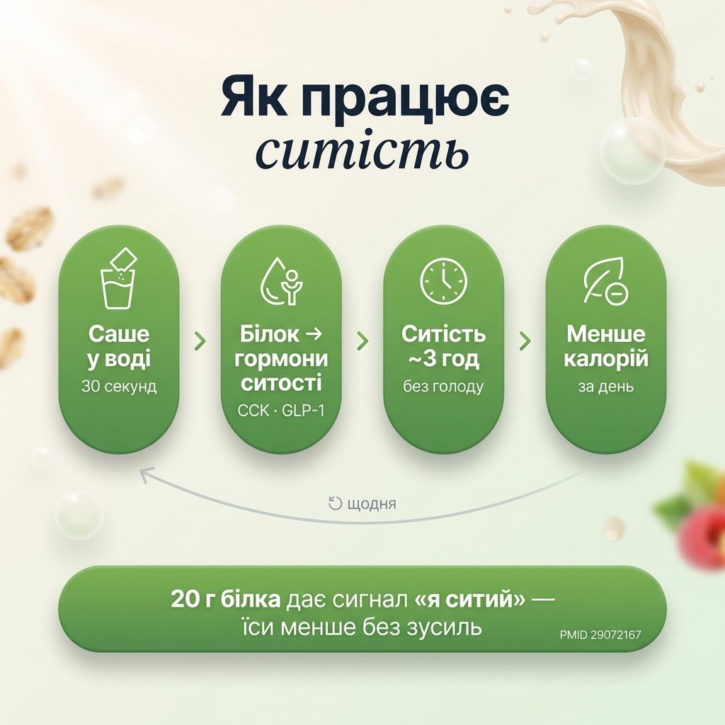 Инфографика трёх механизмов Quick Slim: белок и сытость через GLP-1/PYY, инулин для кишечника, 27 нутриентов и BCAA для защиты мышц