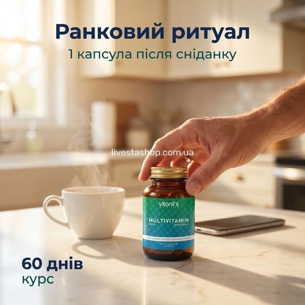 Чоловік тримає Vitanil's Мультивітамін вранці &mdash; 1 капсула після сніданку, 60 днів курс, livestashop