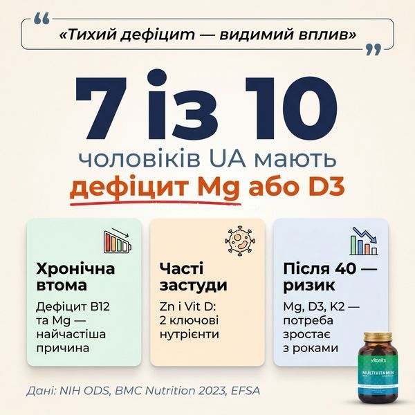 7 з 10 чоловіків UA мають дефіцит Mg або D3 &mdash; чому Vitanil's Мультивітамін важливий, livestashop