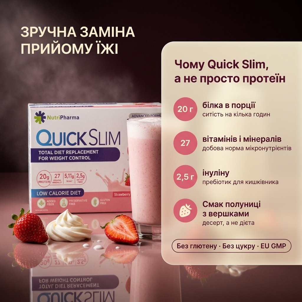 Женщина готовит коктейль Quick Slim «Клубника со сливками» утром на кухне — насыпает саше в шейкер со стаканом молока, рядом открытая упаковка и спелая клубника