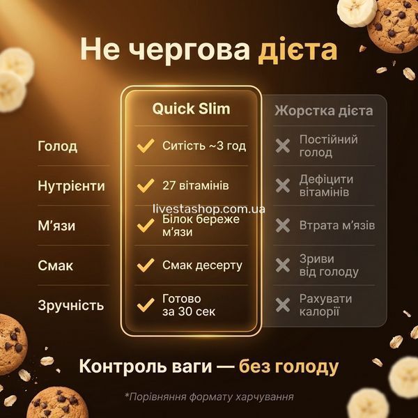 Порівняння Quick Slim vs жорстка дієта: ситість 3 год, 27 вітамінів, без голоду, смак десерту, livestashop