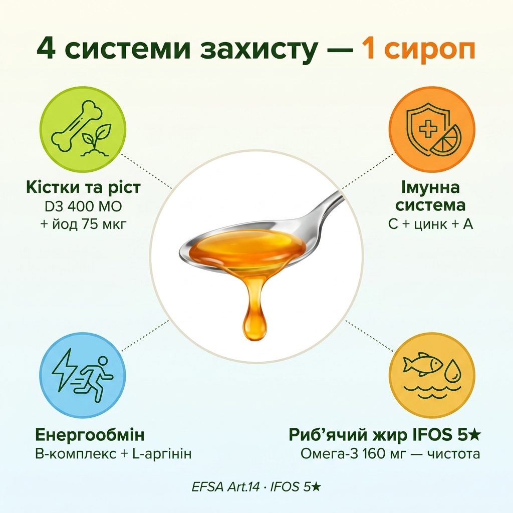 Инфографика четырёх направлений поддержки NATURALNEST Сироп — кости и рост (D3, йод), иммунитет (C, цинк, A), энергообмен (B-комплекс) и рыбий жир IFOS