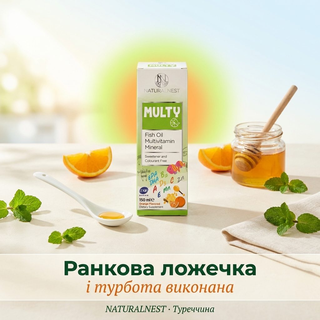 Флакон NATURALNEST Мультивітамінний сироп на світлій кухонній поверхні поруч зі свіжими апельсиновими часточками, баночкою меду та зеленню — атмосфера домашньої ранкової турботи про дитину