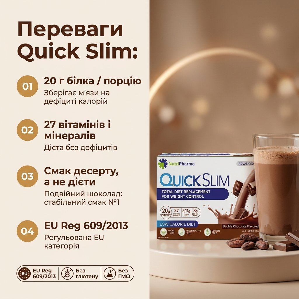 Женщина готовит коктейль Quick Slim «Двойной шоколад» утром на кухне — насыпает саше в шейкер со стаканом молока, рядом открытая упаковка и какао-бобы