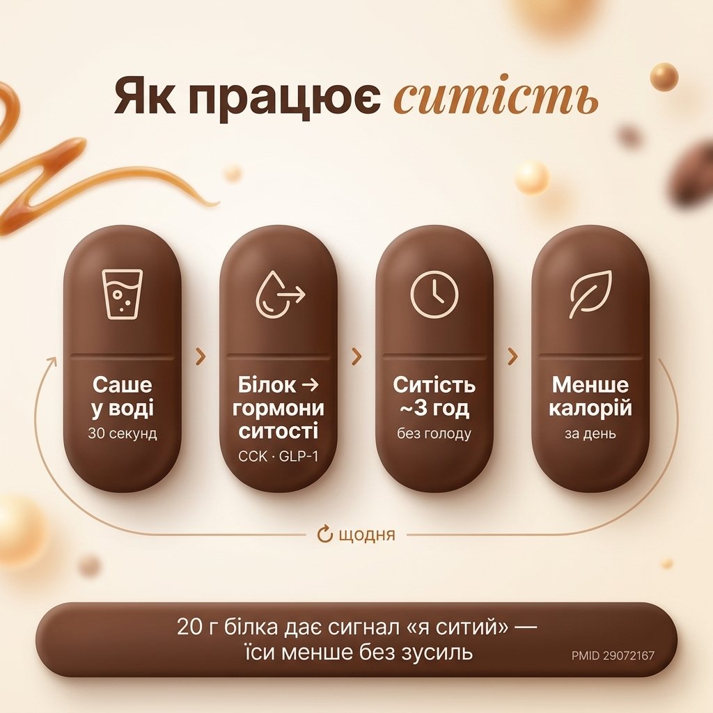 Инфографика трёх механизмов Quick Slim: белок и сытость через GLP-1/PYY, инулин для кишечника, 27 нутриентов и протеин для защиты мышц