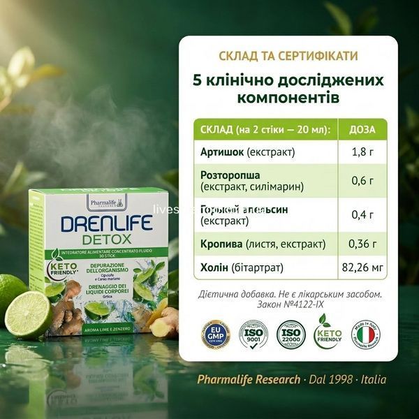 Склад Drenlife Detox &mdash; артишок 1,8г, розторопша 0,6г, холін 82,26мг, Pharmalife Italia
