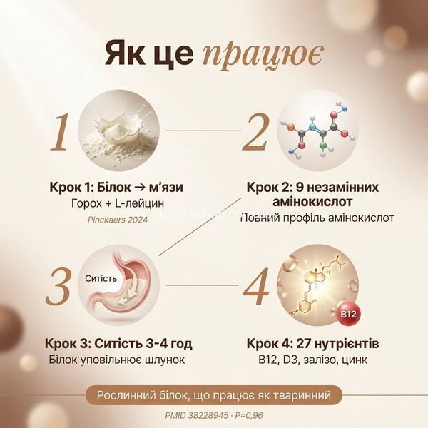 Як працює гороховий протеїн Nutripharma &mdash; 4 механізми: білок-м'язи, 9 амінокислот, ситість, 27 нутрієнтів