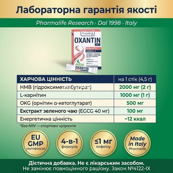 Склад Oxantin Slim Keto: HMB 2 г, L-карнітин 1 г, OKG 500 мг, EGCG 40 мг, GMP, livestashop