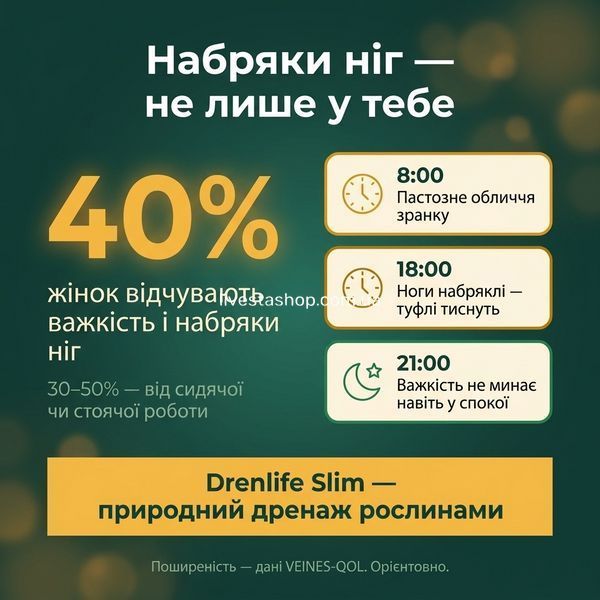 Кому потрібна підтримка дренажу &mdash; набряки вранці, ввечері та у спокої: рослинна підтримка Drenlife