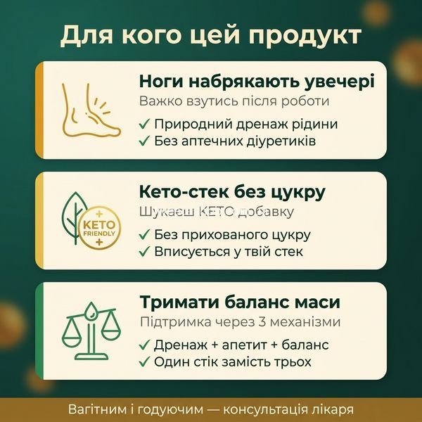 Для кого Drenlife Slim &mdash; набряки ніг, кето-дієта, плато ваги &mdash; рослинна підтримка трьох механізмів