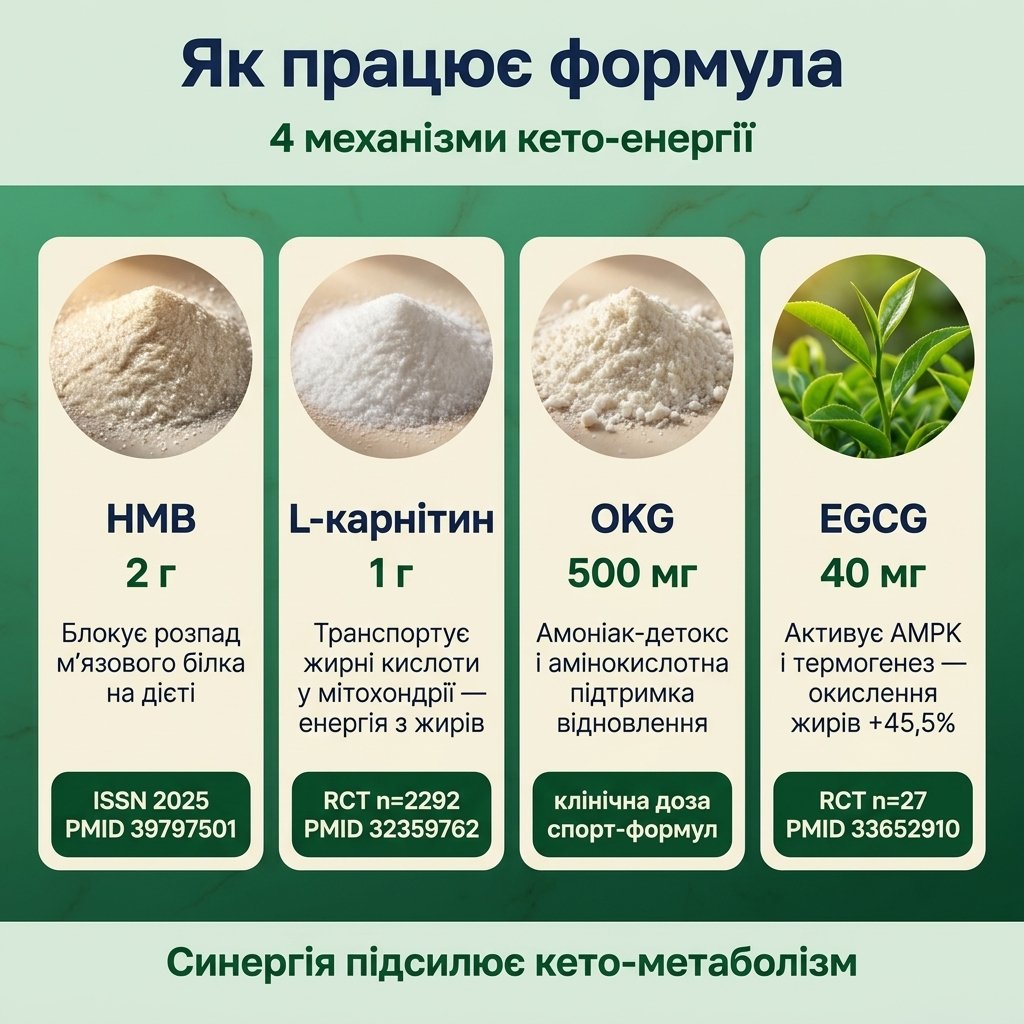 Схема действия 4 компонентов стика Slim Keto: HMB в мышцах, L-карнитин в митохондриях, OKG в аминокислотном обмене, EGCG как антиоксидант