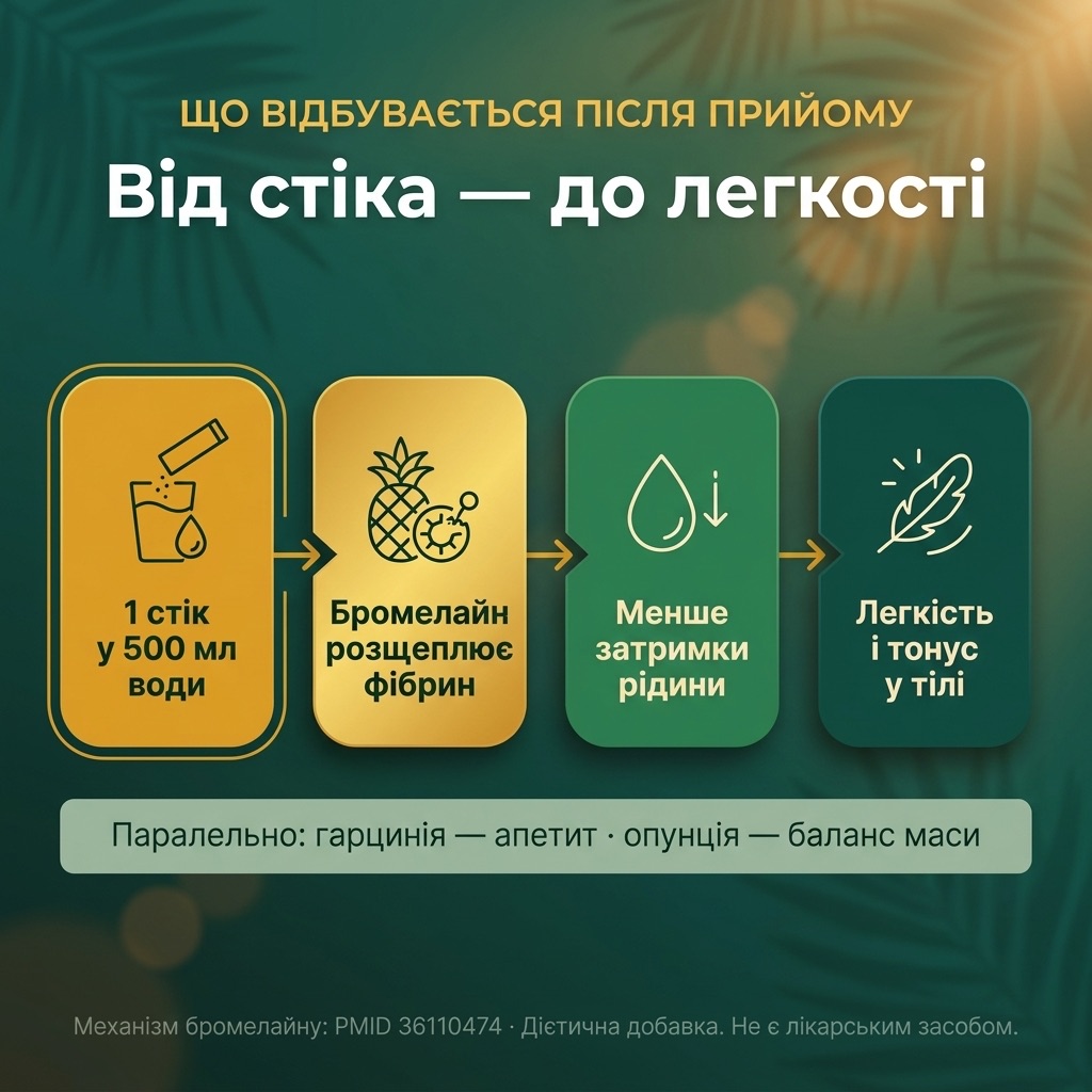 Схема дії Drenlife Slim — ананас із бромелайном сприяє дренажу зайвої рідини, гарцинія HCA підтримує контроль апетиту, опунція-клітковина сприяє рівновазі маси тіла