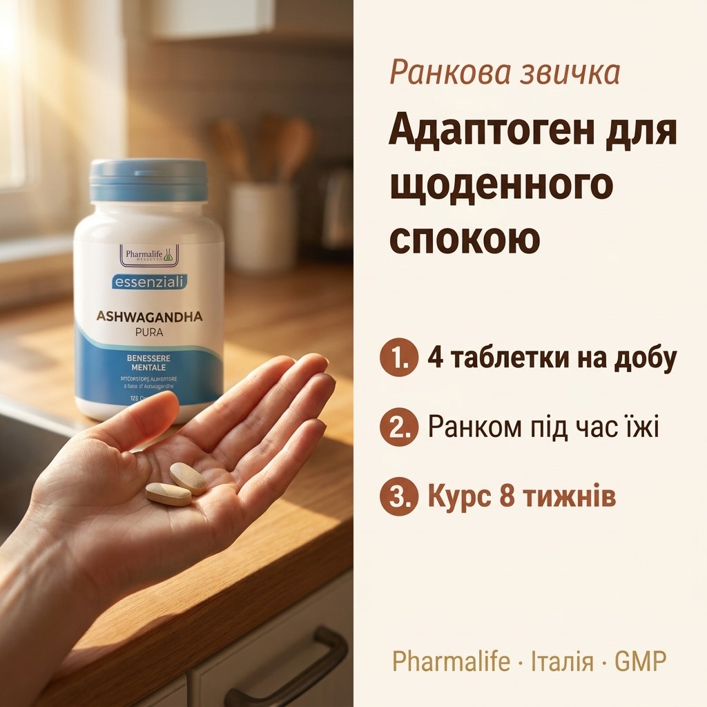 Корінь Withania somnifera і таблетки Pharmalife Ашваганда Pura на старовинному дерев'яному столі у теплому світлі италійського ранку — поєднання аюрведичної традиції і фармацевтичної точності, теракотово-кремова палітра