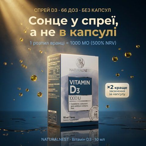 Флакон-спрей NATURALNEST Вітамін D3 1000 МО, 10 мл &mdash; сонячне світло, 66 доз, &times;2 краще засвоєння, livestashop