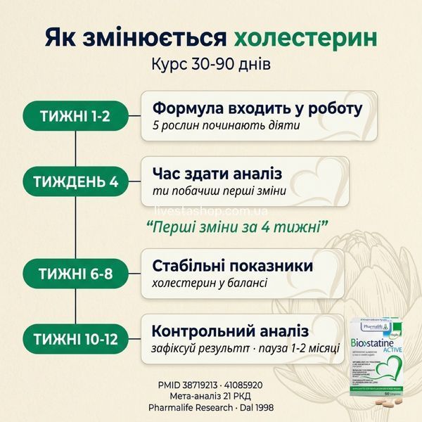 Таймлайн курсу Biostatine Active: тижні 1-2, 4, 6-8, 10-12 &mdash; ліпідний профіль по кроках