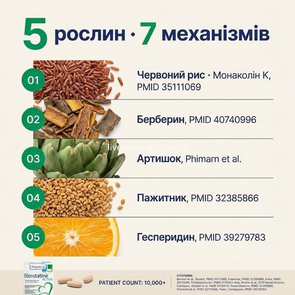 5 рослин &middot; 7 механізмів Biostatine Active &mdash; червоний рис монаколін K, берберин, артишок, пажитник, гесперидин з PMID-цитатами