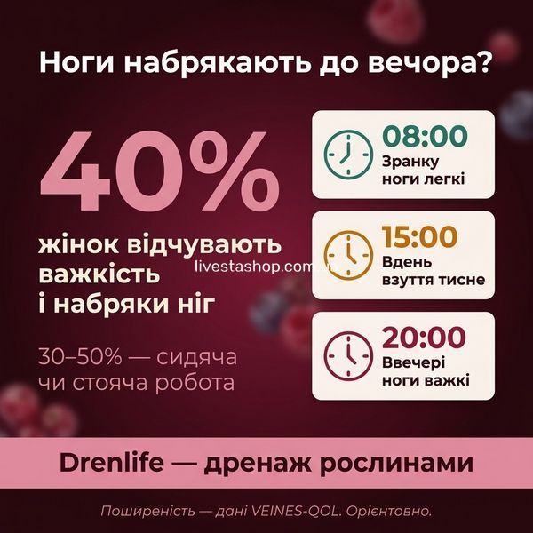 Набряки ніг до вечора &mdash; 40% жінок відчувають важкість, день від 08:00 до 20:00, Drenlife Лімфодренаж дренаж рослинами