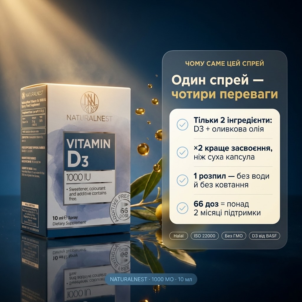 Флакон-спрей NATURALNEST Вітамін D3 на кухонному столі поряд із чашкою ранкової кави у м'якому світлі біля вікна — атмосфера простого щоденного прийому, світло-блакитні тони