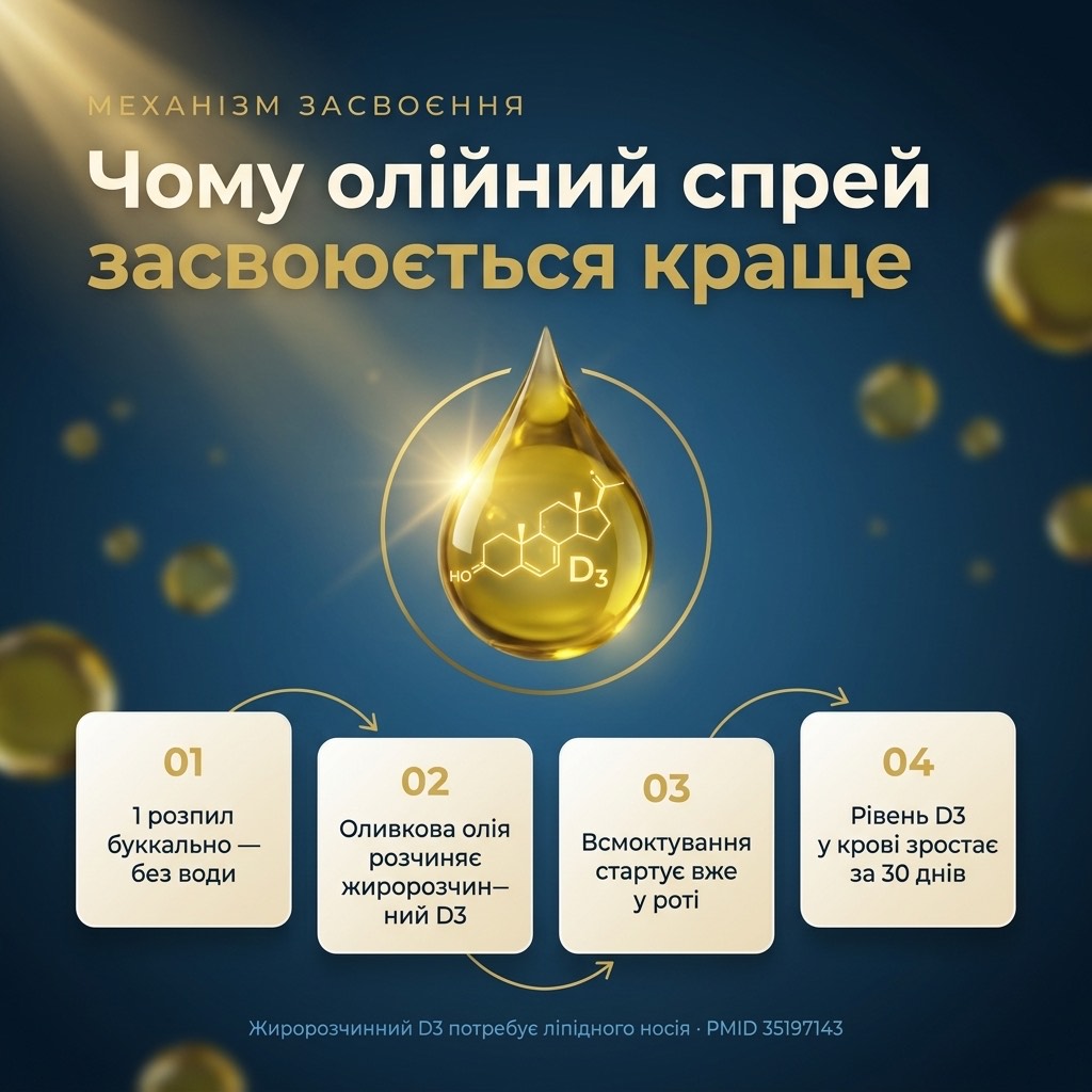 Інфографіка-силует людини з підсвіченими зонами дії вітаміну D3 — імунітет, кістки, м'язи — поряд із флаконом-спреєм NATURALNEST на світло-блакитному фоні