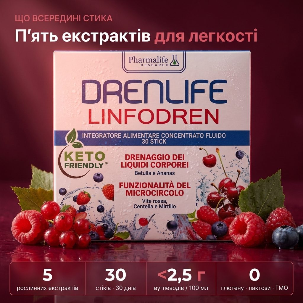 Drenlife «Лімфодренаж» — 30 стіків по 10 мл рідкого концентрату зі смаком червоних фруктів з 5 рослинних екстрактів (береза, OPC винограду, чорниця, бромелайн, центела) від Pharmalife Research, Італія