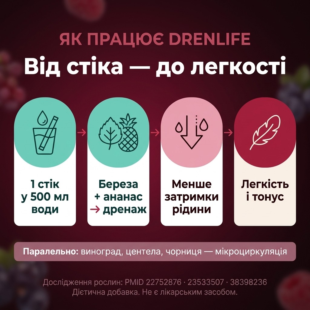 Схема дії Drenlife «Лімфодренаж» — береза дає акваретичний дренаж, OPC винограду і антоціани чорниці захищають капіляри, бромелайн і центела підтримують лімфодренаж і мікроциркуляцію