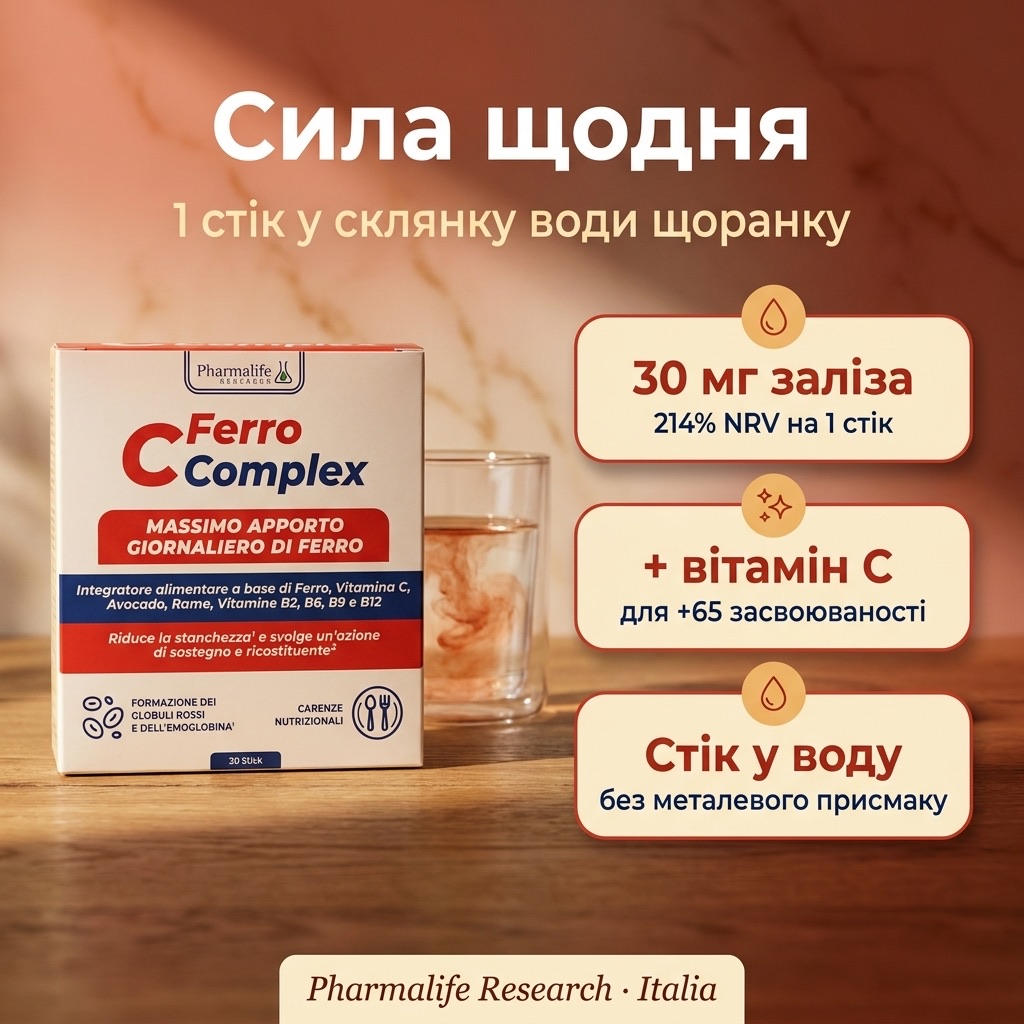 Жінка тримає у руці склянку з розчиненим стіком FERRO C COMPLEX — рідкий формат залізного комплексу від Pharmalife Research замість таблеток