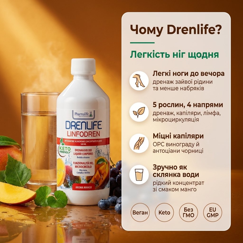 Женщина держит бутылку воды с растворённым концентратом Drenlife Linfodren со вкусом манго — жидкий формат из 5 растительных экстрактов от Pharmalife Research вместо таблеток