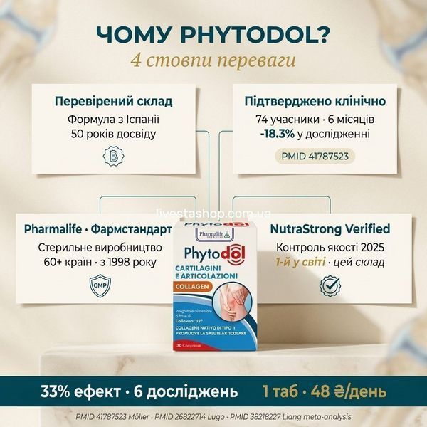 Дієтична добавка Phytodol "Підтримка хрящів" з нативним колагеном типу ІІ, 30 таблеток 500386 фото