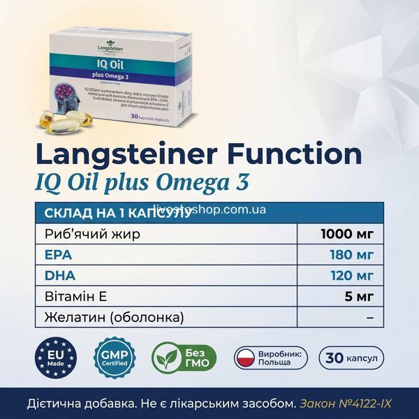 Склад IQ Oil Omega-3 Langsteiner &mdash; EPA 180 мг DHA 120 мг Вітамін E EU GMP Польща