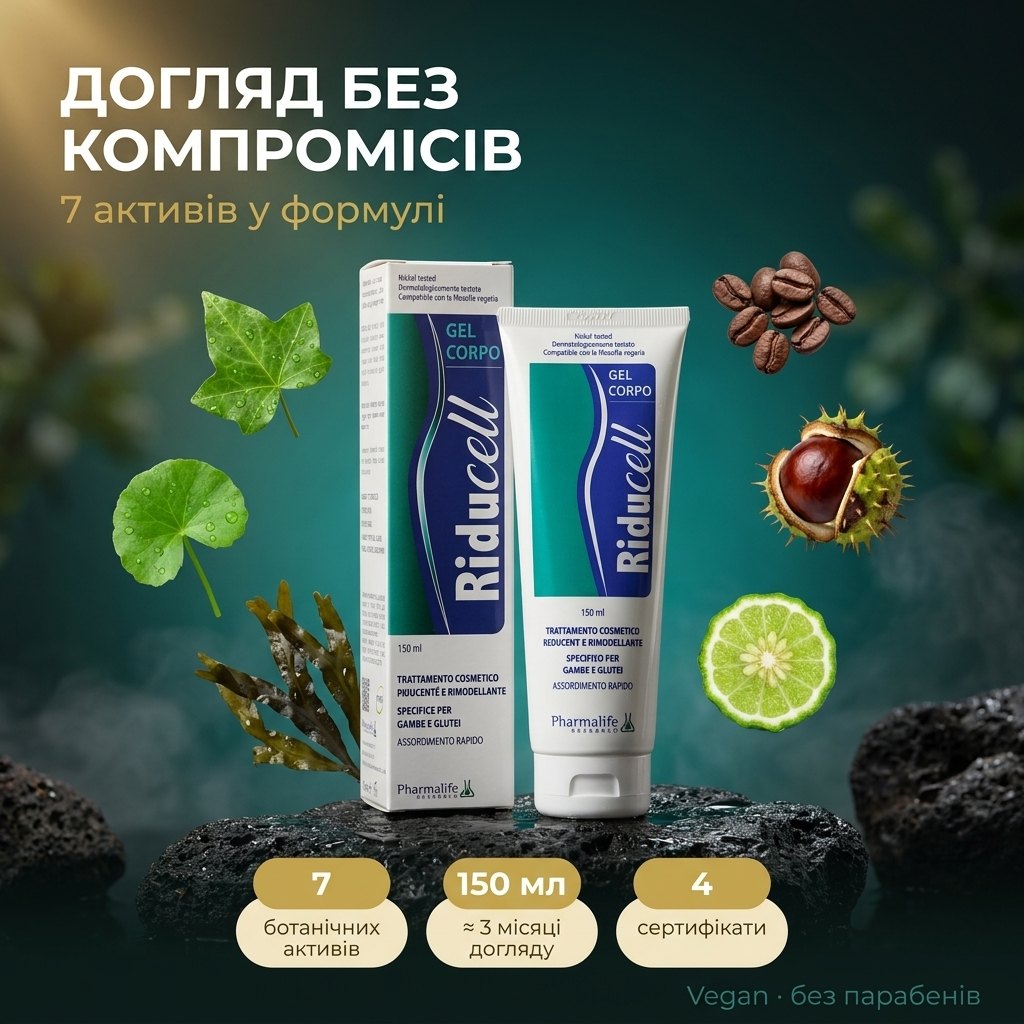 Моделирующий гель Riducell для тела 150 мл — антицеллюлитное косметическое средство для ног и ягодиц с 7 фитоактивами (плющ, ламинария, кофеин, Centella, Escin, рутин, бергамот) и комплексом LPD's Slimming от Pharmalife Research, Италия
