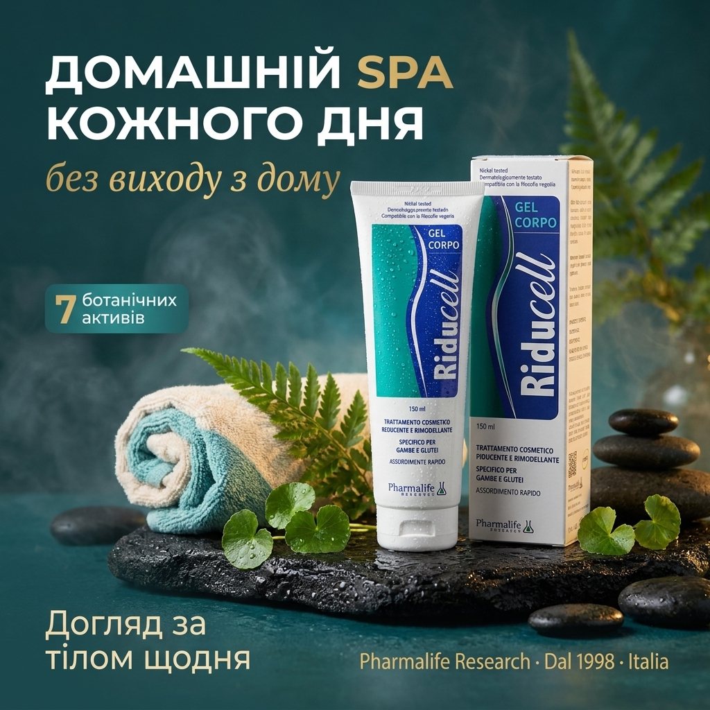 Туба моделирующего геля Riducell 150 мл на спа-фоне рядом с ухоженными ногами — ежедневный домашний антицеллюлитный уход от Pharmalife Research с 7 фитоактивами вместо дорогих салонных процедур