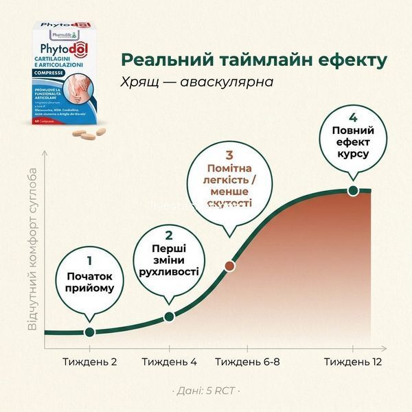 Таймлайн ефекту Phytodol &mdash; від тижня 2 до тижня 12 курсу для суглобів