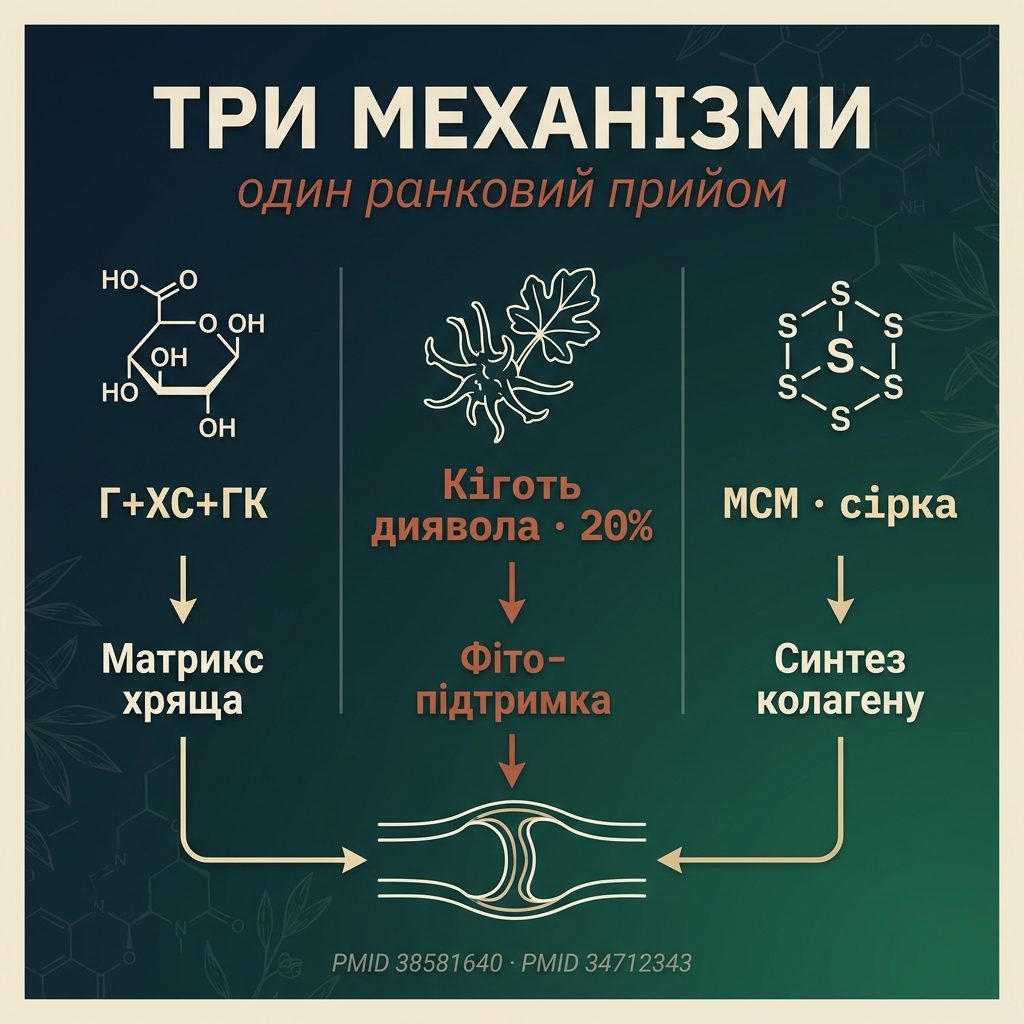 3 механизма Phytodol: структурный матрикс (глюкозамин+хондроитин+HA), органическая сера MSM, растительная противовоспалительная коготь дьявола — три пути действия на одной композиции с корневищем дьявольского когтя и таблетками