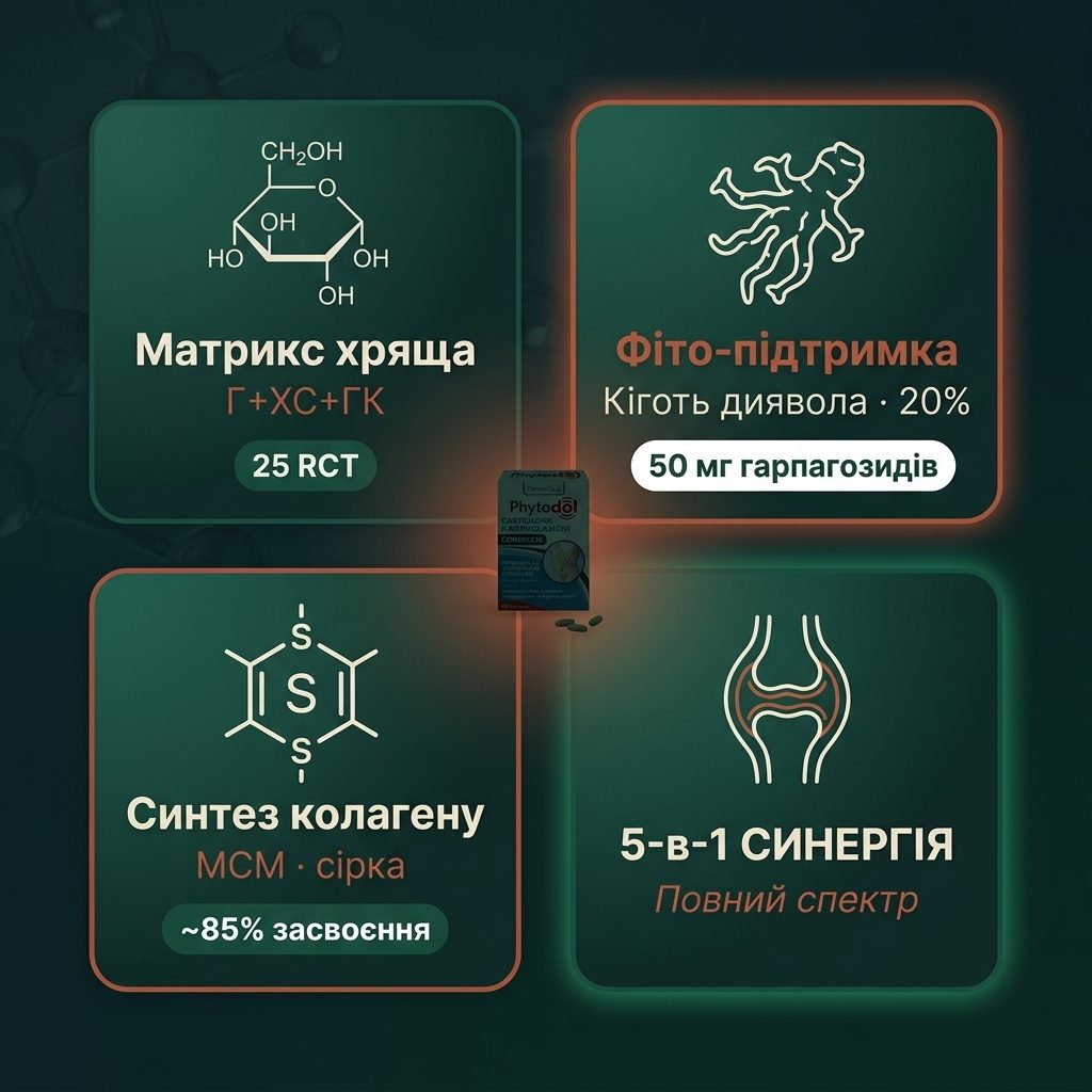 3 механізми Phytodol: структурний матрикс (глюкозамін+хондроїтин+HA), органічна сірка MSM, рослинна протизапальна кіготь диявола — три шляхи дії на одній композиції з кореневищем диявольського кігтя і таблетками