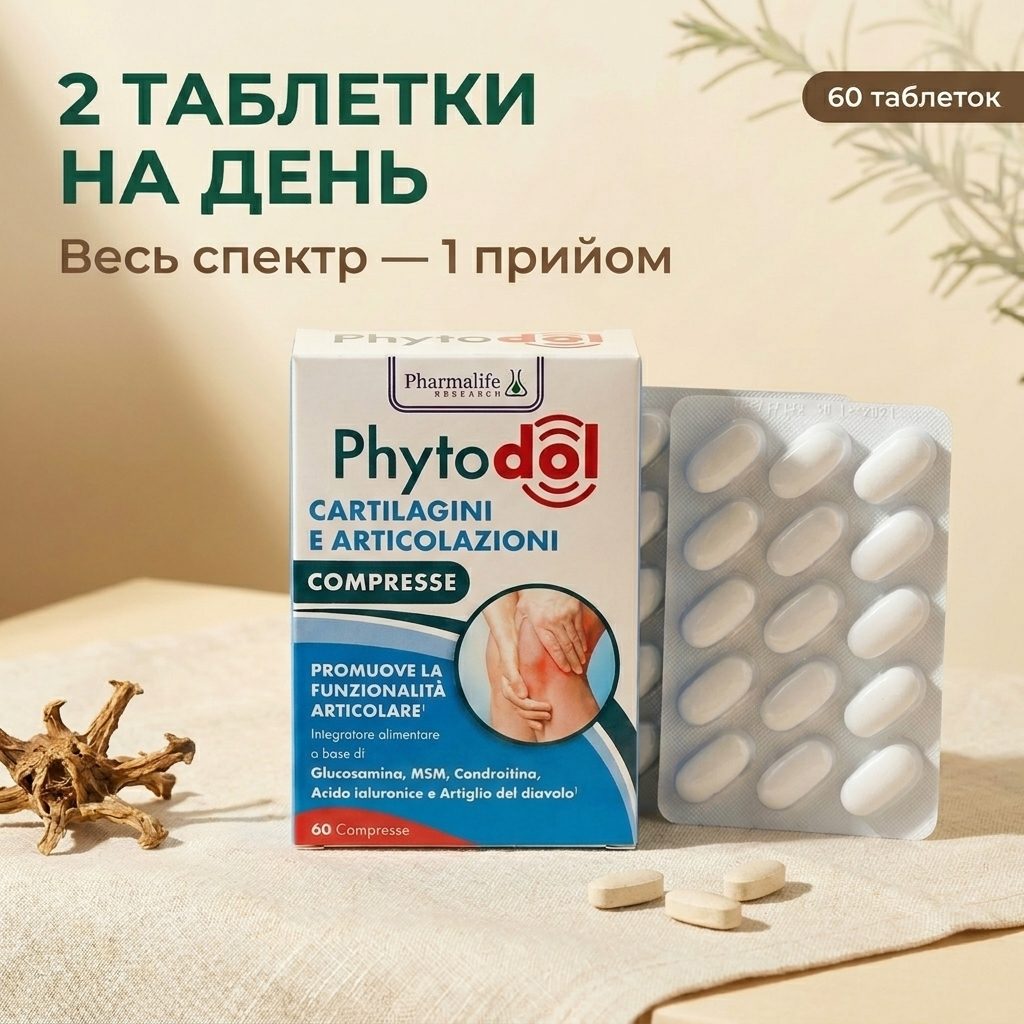 Розгорнутий блістер Phytodol з 2 таблетками поряд з кореневищем кіготь диявола, гілочкою італійського розмарину і скляною піалою з сухим екстрактом — Італійська herbal apothecary композиція