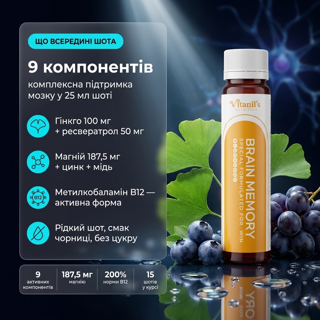 Vitanil's BRAIN MEMORY — питьевой шот 25 мл с составом: гинкго билоба 100 мг, ресвератрол 50 мг, магний 187,5 мг, цинк, медь, витамины B1, B6, B12, экстракт виноградных косточек