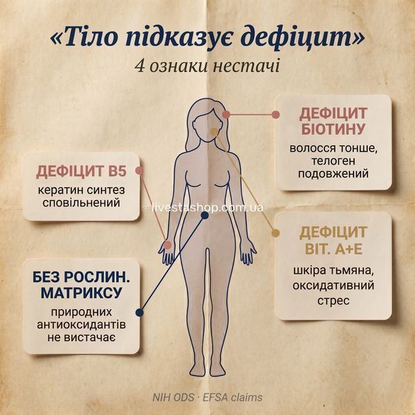 Інфографіка дефіциту нутрієнтів &mdash; волосся, шкіра, нігті та рослинна матриця LIVESTA, livestashop