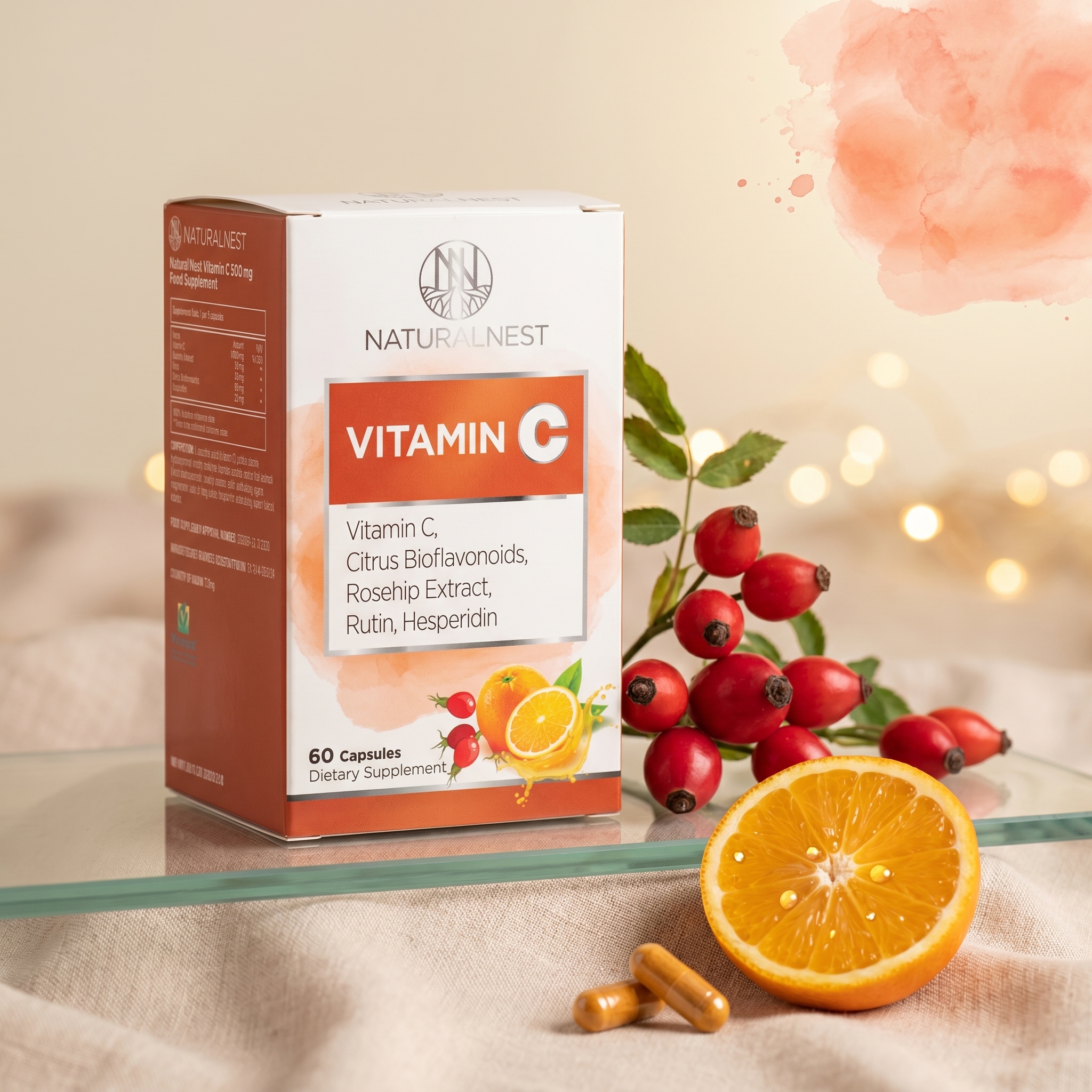 Коробка NATURALNEST Vitamin C 500 мг з капсулами, шипшиною та апельсином — 6 ключових переваг beauty-комплексу