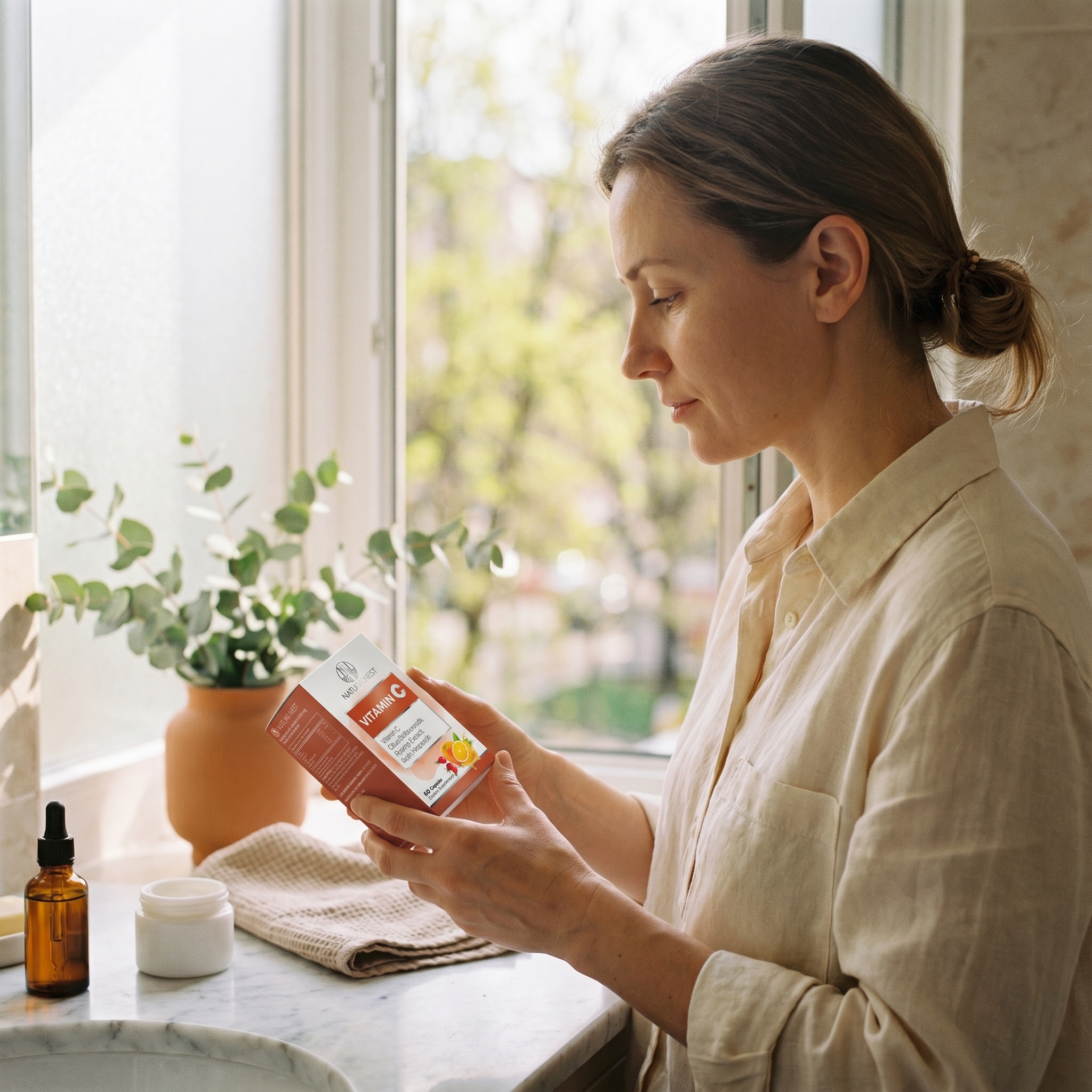 Жінка тримає коробку NATURALNEST Vitamin C у beauty-ванній з природним світлом — щоденний ритуал внутрішньої підтримки шкіри