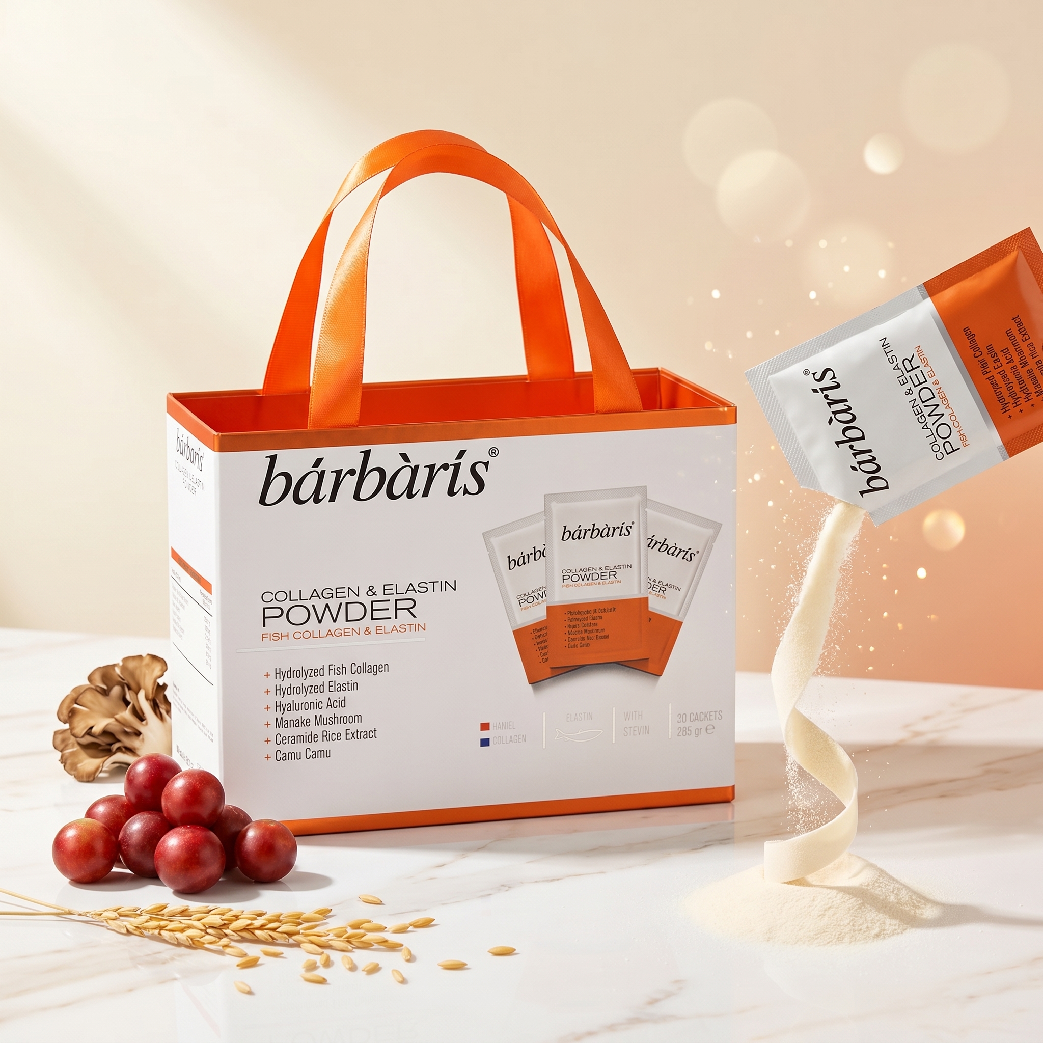 Саше Barbaris Collagen & Elastin растворяется в стакане прохладной воды — ежедневный утренний ритуал красоты