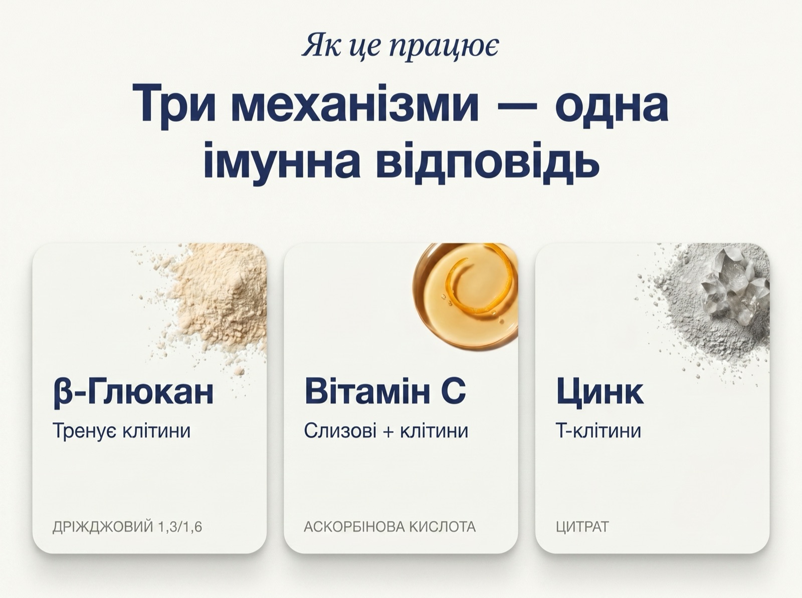 Как это работает — три механизма, один иммунный ответ: β-глюкан тренирует клетки, витамин C защищает слизистые, цинк поддерживает T-клетки
