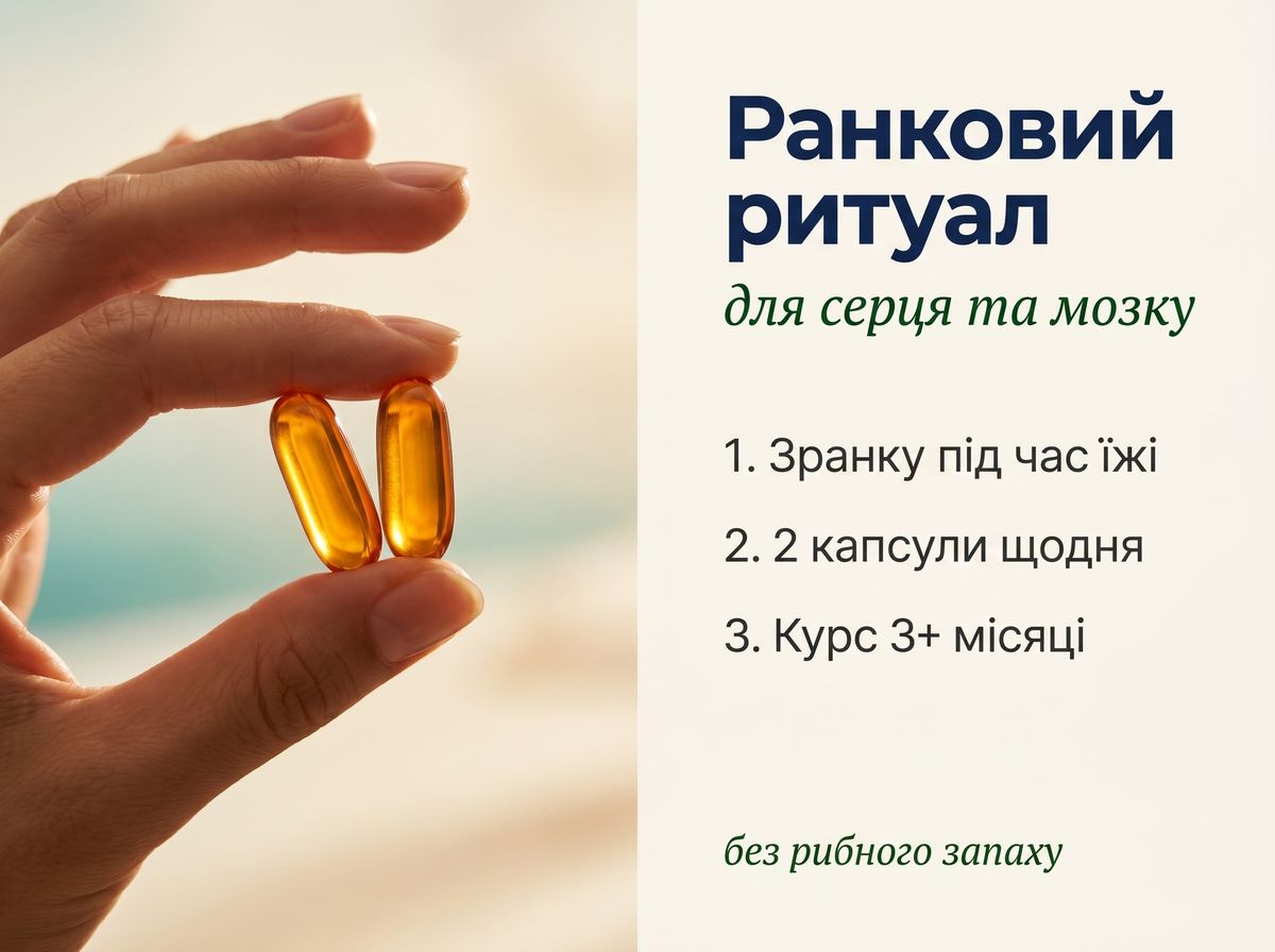 Ладонь с прозрачной золотисто-янтарной Omega-3 капсулой — ежедневный кардио-ритуал