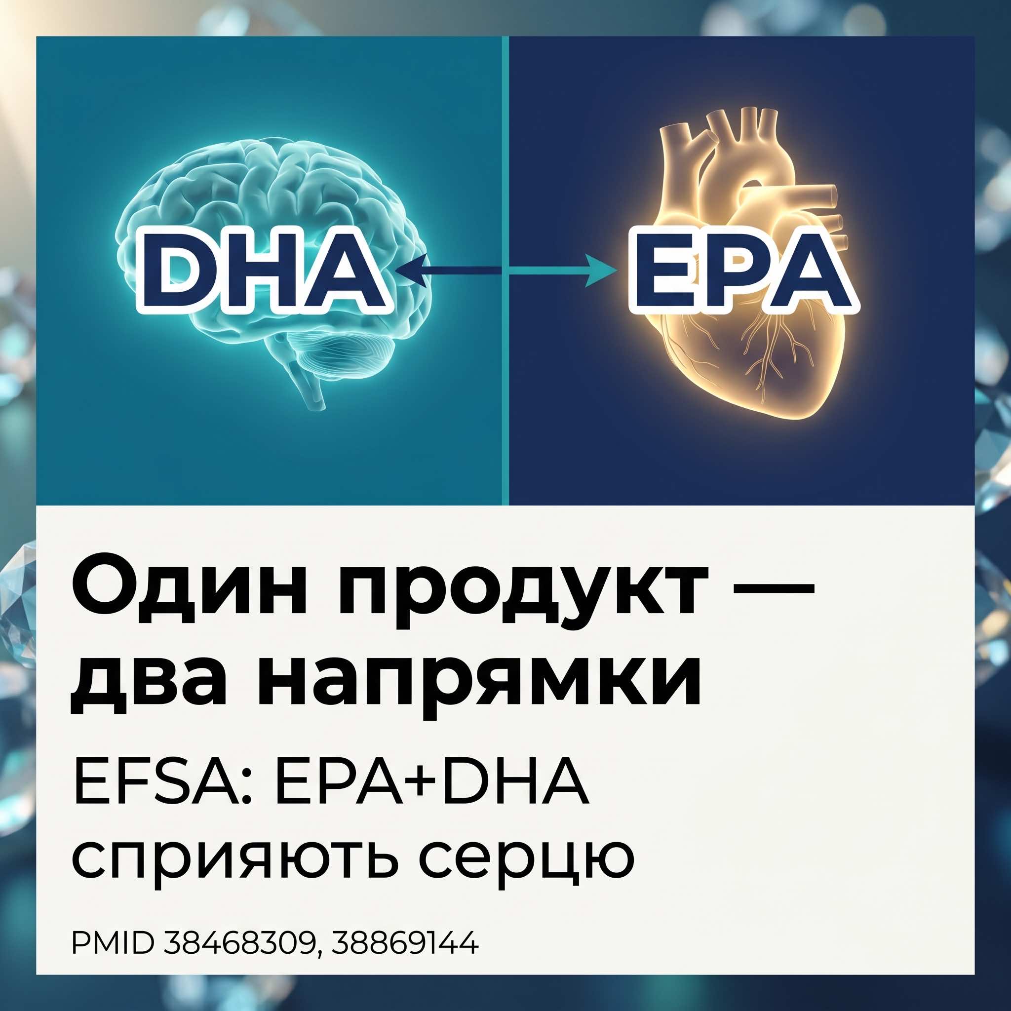 Механізм дії Omega-3 IQ Oil: EPA — серцево-судинне, DHA — мозок, Vit E — антиоксидант